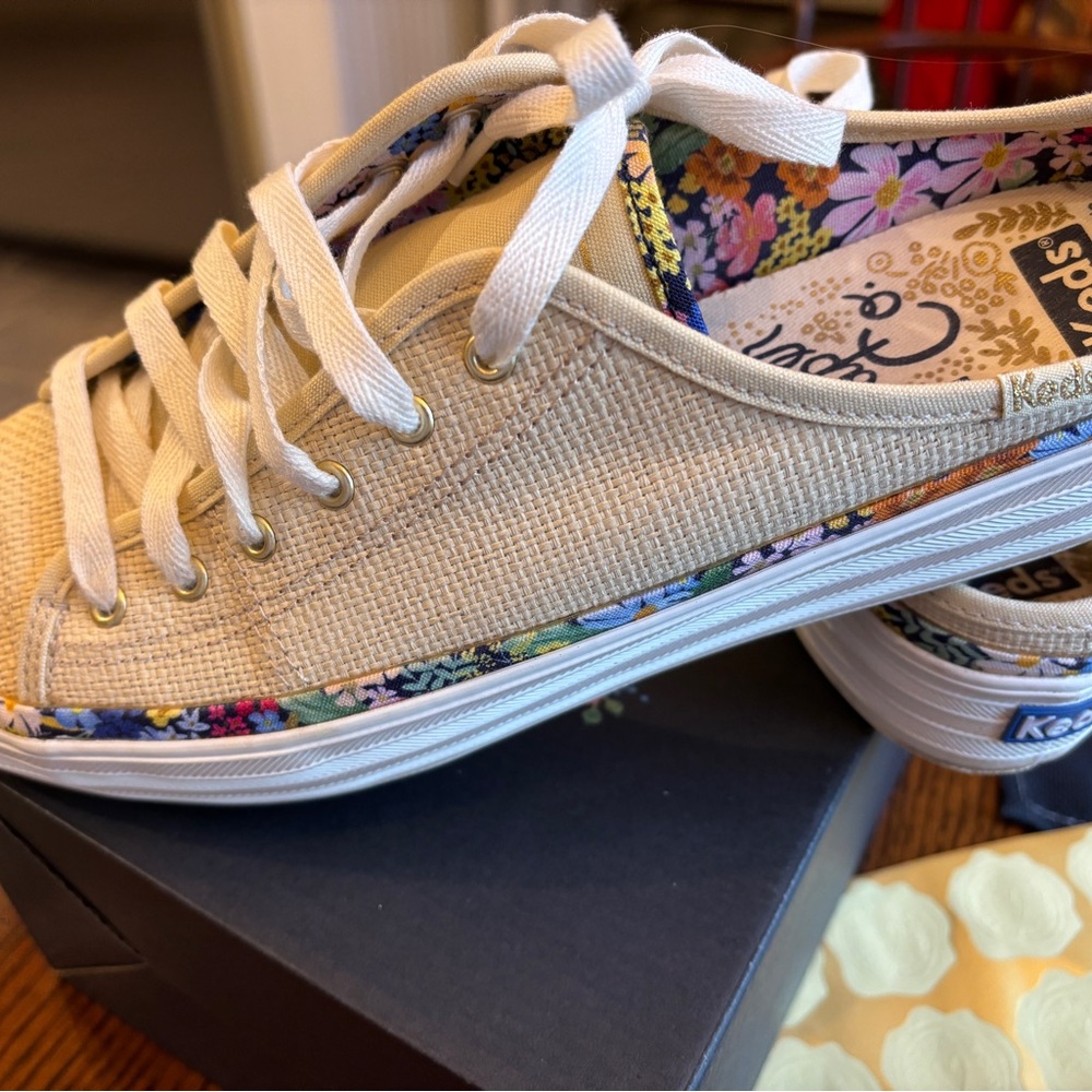 Keds Beige Canvas Sneakers with Floral Trim